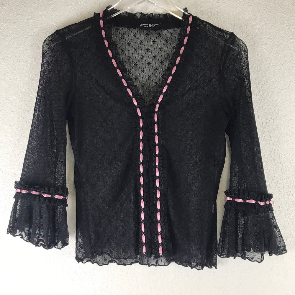 Vintage Y2K Betsey Johnson Sheer Mesh Bell Sleeve Cardigan Ribbon Whimsigoth S